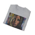 Charcoal cotton T-shirt with vibrant Jennifer Aniston portrait and dreamy brushstrokes