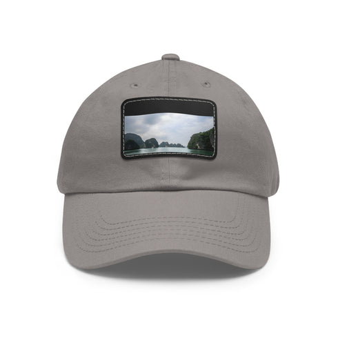 Explore Halong Bay limestone baseball cap, emerald waters design. Vegan-friendly unisex hat.