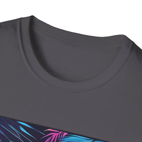 Charcoal neon tropics t-shirt with vibrant palm tree design