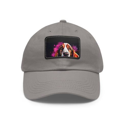 White Basset Hound baseball cap with playful dog patch.