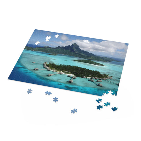 Beautiful Bora Bora paradise jigsaw puzzle with crystal-clear waters and bungalows.