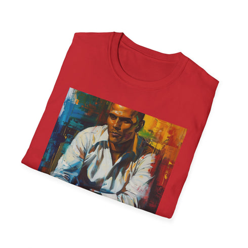 Charcoal cotton T-shirt featuring vibrant Harry Belafonte portrait with soulful essence