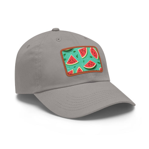 Stylish watermelon print baseball hat, white with light brown patch.