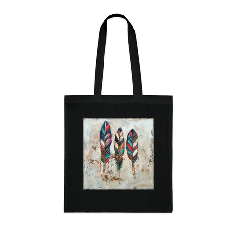 Bohemian feather pattern tote bag in black cotton material.