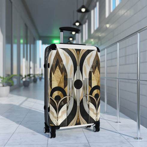 Abstract art deco black suitcase with unique eye-catching geometric pattern.