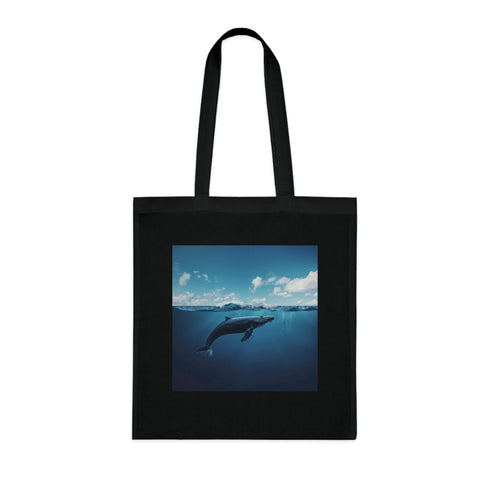 Ocean Wanderer Tote Bag with whale design on black cotton.