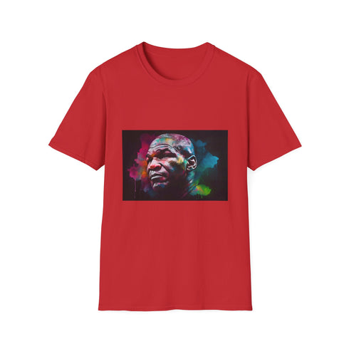 Vibrant charcoal cotton T-shirt featuring neon watercolor Mike Tyson design
