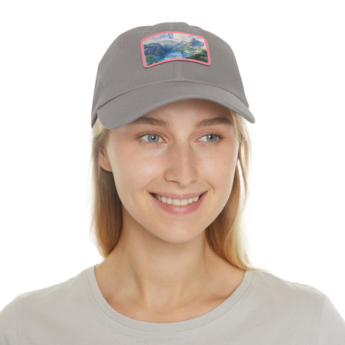 Swiss Alps watercolor baseball cap in white with light brown patch.