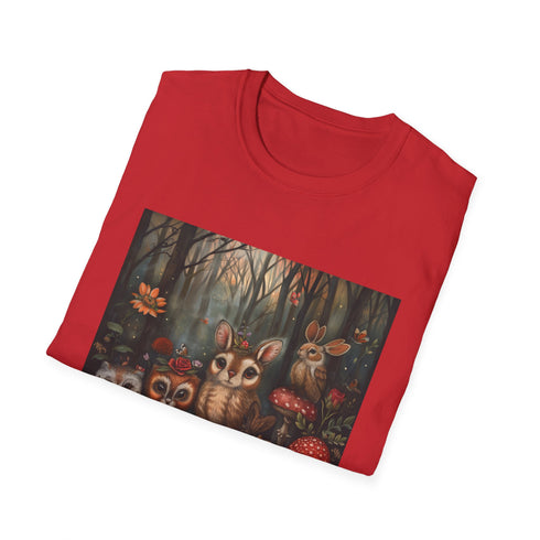 Charcoal cotton t-shirt featuring woodland creatures and vibrant forest design