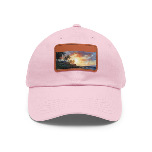 Hawaiian sunset paradise cap in white with light brown rectangle patch.