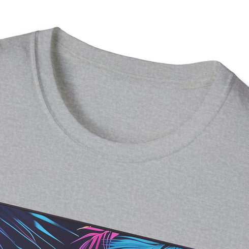 Neon charcoal crew neck t-shirt with vibrant tropical palm tree design