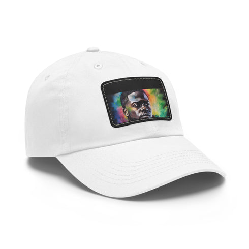Kevin Hart neon watercolor baseball cap with light brown patch.