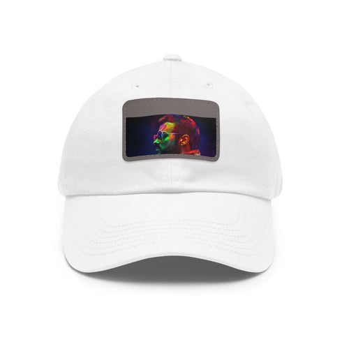 George Michael neon watercolor cap, unisex white hat with light brown patch.