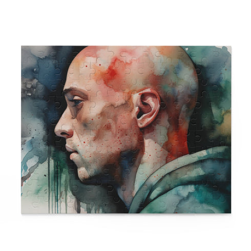 Eminem watercolor jigsaw puzzle depicting iconic rapper in vibrant colors.