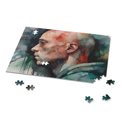 Eminem watercolor jigsaw puzzle featuring iconic rapper in colorful design.