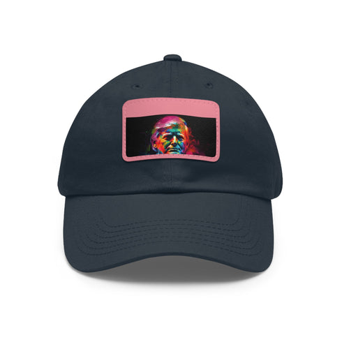 Colorful watercolor neon Trump baseball cap with light brown patch.
