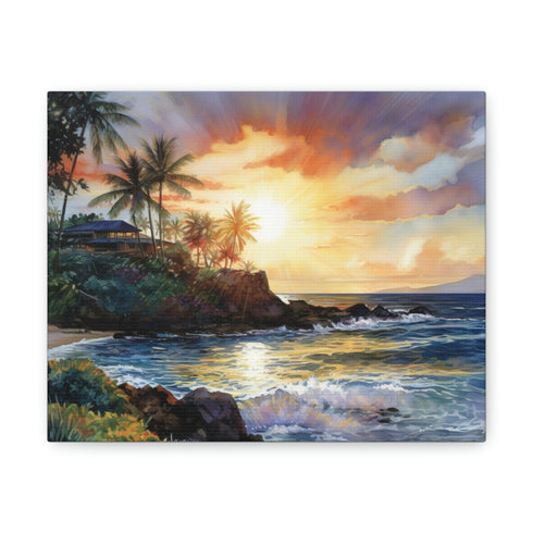 "Vibrant Hawaiian sunset canvas art for tranquil home decor ambiance"