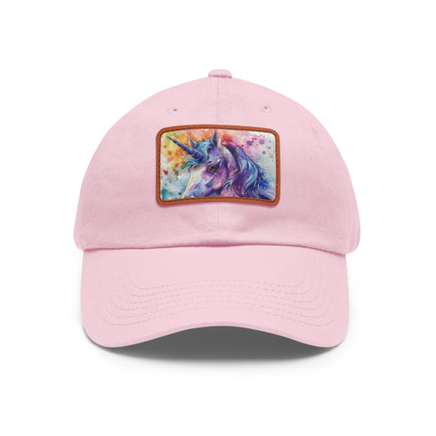 Magical watercolor unicorn cotton hat with rectangular light brown patch.