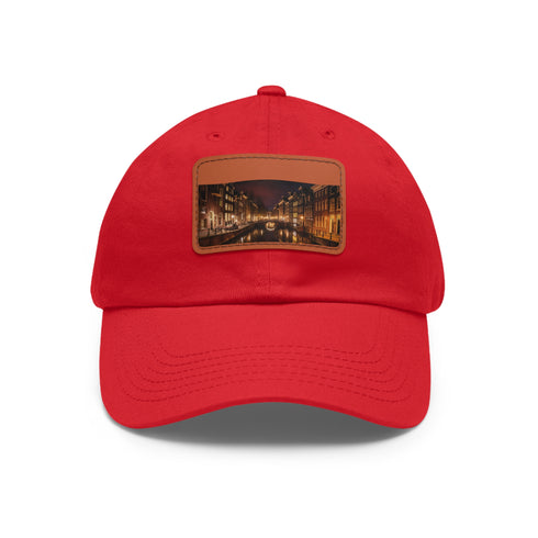White cotton unisex hat with Amsterdam Canals night scene patch.