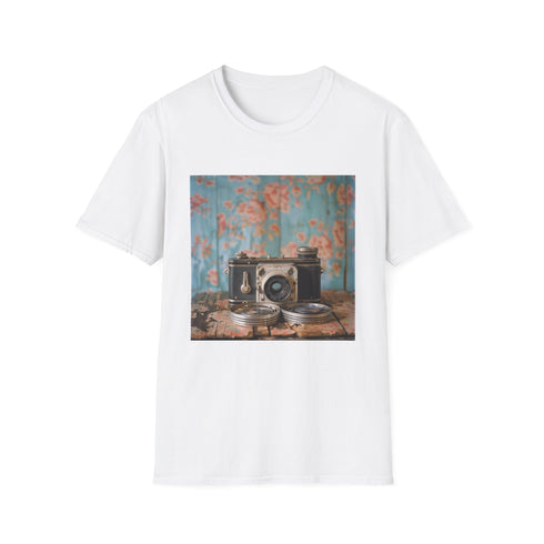 Charcoal cotton t-shirt with vintage camera and film reel design