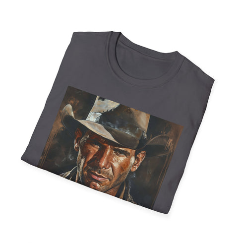 Charcoal cotton T-shirt featuring vibrant Indiana Jones painting and crew neck design