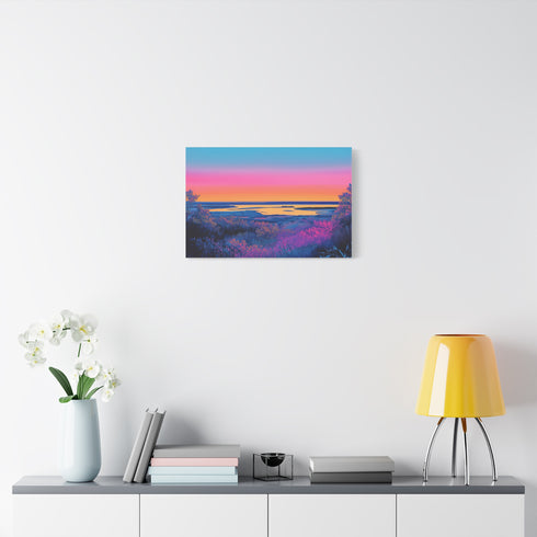 Neon Horizon Splitting Day and Night Stretched Canvas Wall Art