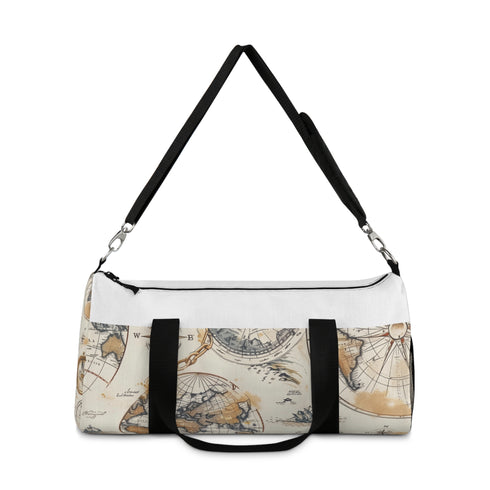 Vintage map print duffle bag for stylish travel adventurers.
