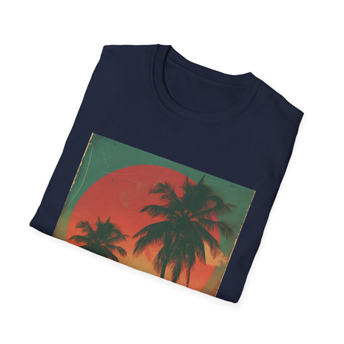 Retro sunset palm tree t-shirt in charcoal, size Small.