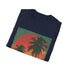 Retro sunset palm tree t-shirt in charcoal, size Small.
