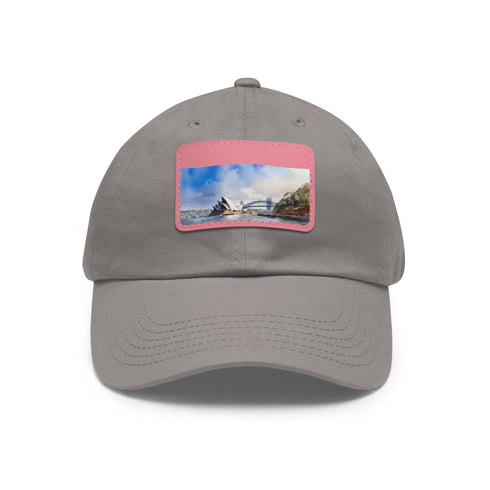 Sydney skyline baseball cap in white with light brown patch.