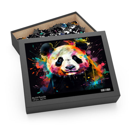 Whimsical watercolor panda puzzle with colorful flora and fauna.