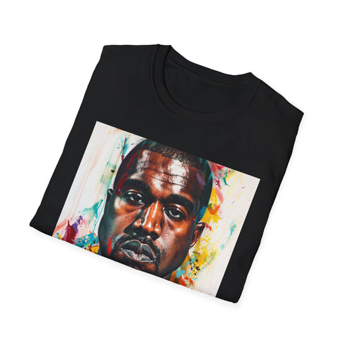 Charcoal cotton T-shirt with dynamic Kanye West portrait in vibrant colors
