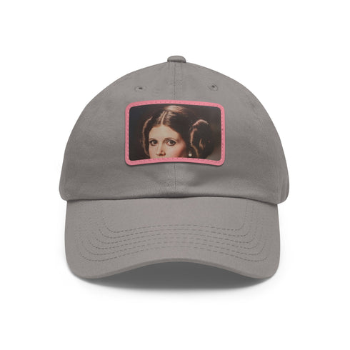 White baseball cap featuring embroidered Galactic Princess Leia design for Rebel fans.