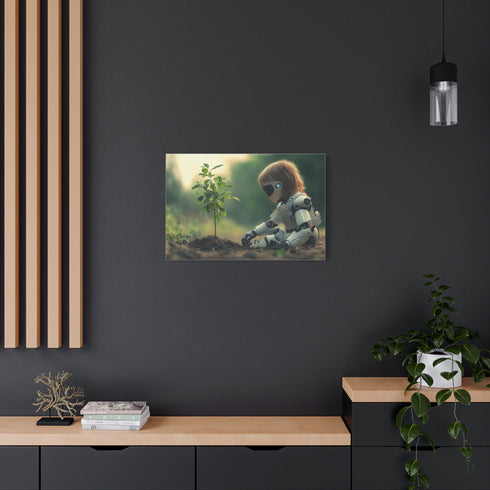 A Robot Child Planting a Real Tree Stretched Canvas Wall Art