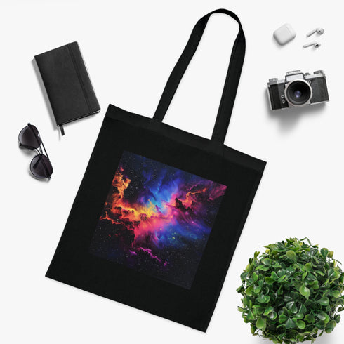 Vibrant neon-infused galaxy tote bag in black cotton material for all seasons.