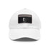 Stylish white baseball cap with light brown rectangle patch, cotton material.