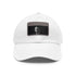 Stylish unisex cotton baseball hat in white with light brown patch.