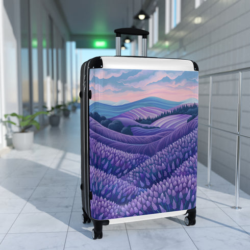 Lavender Fields Small Black Suitcase with Floral Pattern.