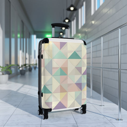 Chic pastel geometric small black suitcase for stylish travel accessory.