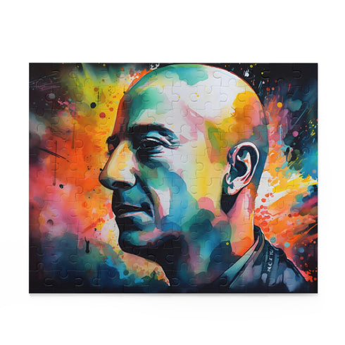 Vibrant neon watercolor puzzle featuring Jeff Bezos, 120 pieces, 10" x 8"