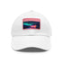 Neon watercolor charm baseball cap in white with light brown patch.