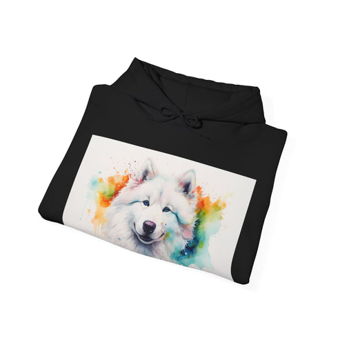 Happy Samoyed watercolor hoodie in navy, unisex regular fit.