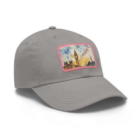 London Skyline Watercolor Baseball Cap in White with Light Brown Patch