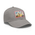 London skyline watercolor baseball cap in white with light brown patch.