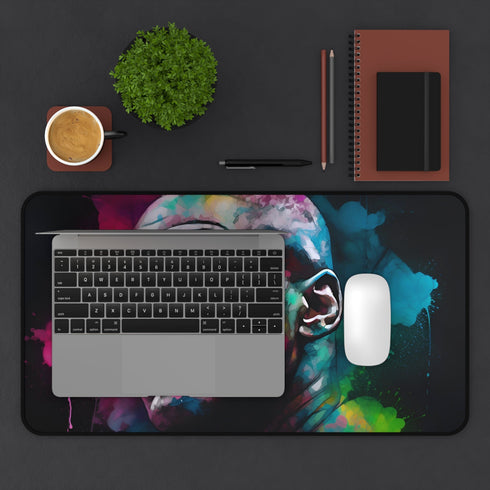 Neon Tyson Desk Mat with watercolor neon colors and Mike Tyson portrait.