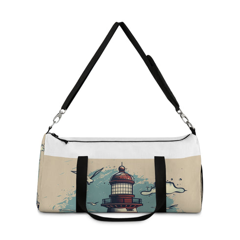 Coastal lighthouse waves duffel bag, small size, all-over print, USA-made.