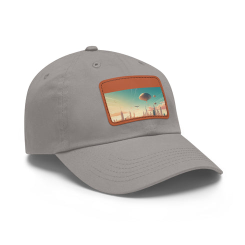 Futuristic white urban skyline rectangle hat with light brown patch variant.