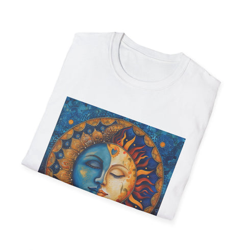 Charcoal cotton t-shirt with textured mandala sun and moon design