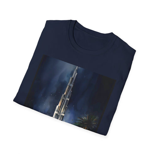 Charcoal cotton T-shirt with Dubai skyline watercolor graphic