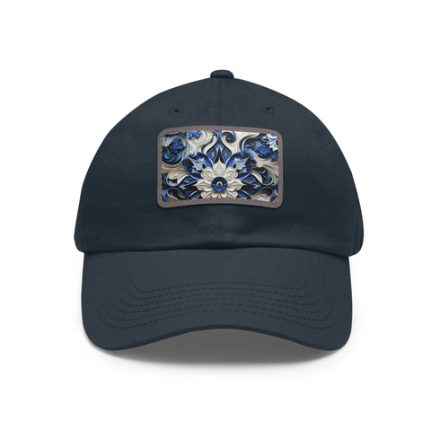 Midnight cerulean cotton unisex baseball cap with light brown patch.